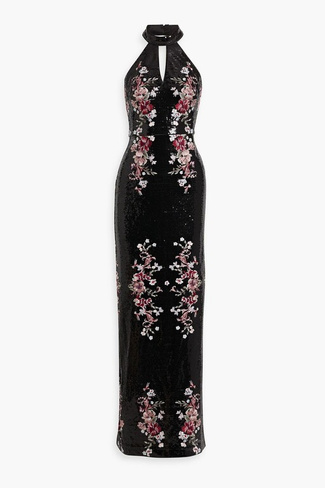 Платье из тюля с вырезом халтер и вырезом, украшенное вырезами MARCHESA NOTTE, черный