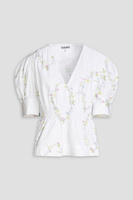 Блузка из хлопкового поплина с цветочным принтом и сборками GANNI, белый