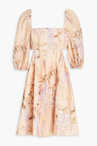 Плиссированное льняное платье мини с цветочным принтом ZIMMERMANN, розовый