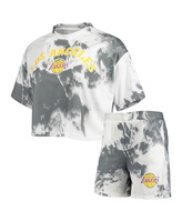 Женский бело-черный комплект из укороченного топа и шорт Los Angeles Lakers с принтом тай-дай NBA Exclusive Collection
