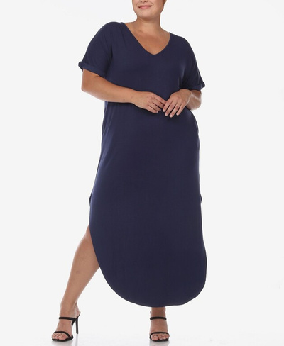 Платье макси с короткими рукавами и v-образным вырезом больших размеров White Mark, темно-синий