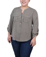 Блуза больших размеров с рукавами 3/4, завернутым хлястиком и Y-образным вырезом NY Collection