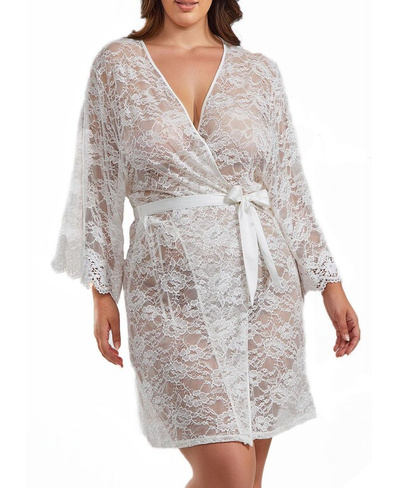 Мягкий прозрачный кружевной халат размера плюс Jasmine с атласным поясом на завязке iCollection, белый
