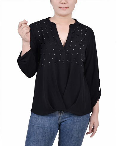 Миниатюрная блузка с воротником-стойкой и рукавами 3/4 со складками спереди NY Collection, черный