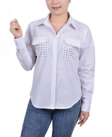 Блузка с потайной планкой и длинными рукавами для миниатюрного роста, с заклепками NY Collection, белый