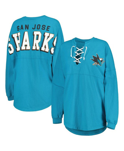 Женская фирменная бирюзовая трикотажная футболка San Jose Sharks Spirit на шнуровке с v-образным вырезом и длинными рука