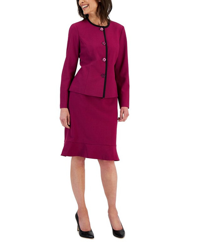 Женская куртка без воротника в рамке и юбка с воланами, стандартного и миниатюрного размера Le Suit