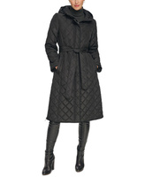 Женское стеганое пальто с капюшоном и поясом DKNY, черный