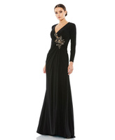 Женское платье с длинным рукавом с запахом и аппликацией MAC DUGGAL, черный