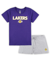 Женский комбинированный комплект из футболки и шорт больших размеров Los Angeles Lakers фиолетового и серого цвета с лог