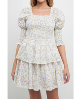 Женское мини-платье с кружевной отделкой и цветочным принтом, с присборенными рукавами Free the Roses, белый