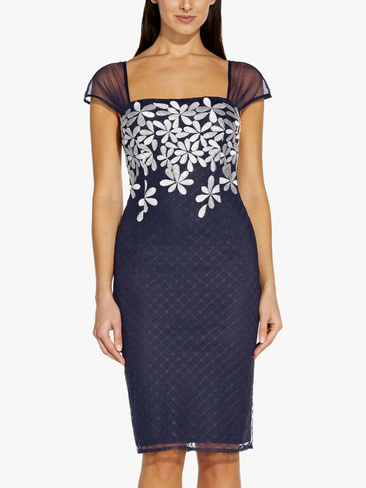 Adrianna Papell Платье с короткими рукавами и цветочной вышивкой, Темно-синий/Слоновая кость