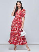 Трикотажное платье макси с принтом листьев Jolie Moi Coleen, красный/разноцветный