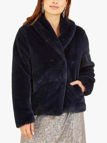 Короткое пальто из искусственного меха Yumi с запахом, темно-синий