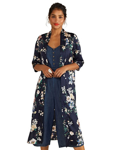 Удлиненная куртка-кимоно Yumi Garden с цветочным принтом, Темно-синий/Мульти