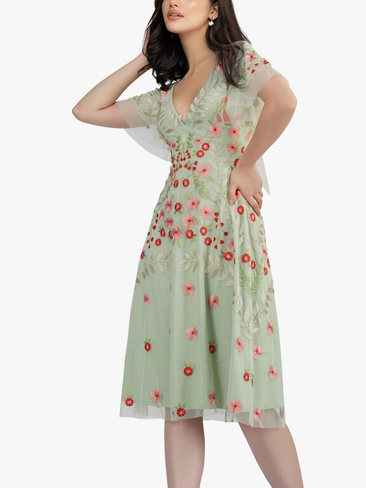 Платье миди Calla из кружева и бисера, шалфейный зеленый