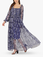 Платье макси с открытыми плечами и цветочным принтом Lana из кружева и бисера, синий