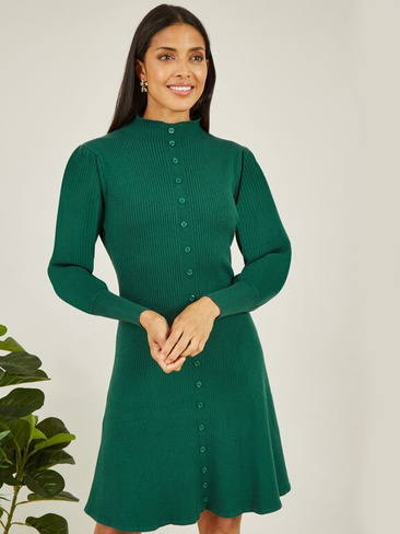 Вязаное платье длиной до колена на пуговицах Yumi, зеленое