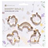 Набор форм для печенья, 5 шт, сталь, золотистый, Кролик/Бабочка/Цветы/Радуга, Bakery gold