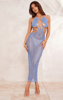 PrettyLittleThing Синее блестящее открытое трикотажное платье Midaxi с вырезами