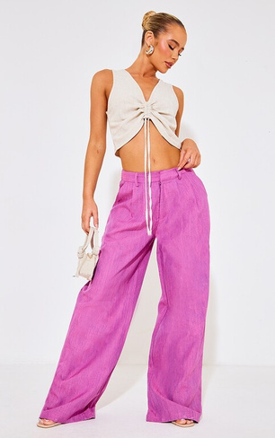 PrettyLittleThing Приталенные широкие брюки из льняной ткани пурпурного цвета с высокой талией