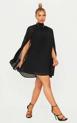 PrettyLittleThing Черное платье прямого кроя с высоким воротником и плиссированной накидкой