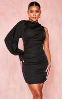 PrettyLittleThing Черное тканое облегающее платье с одним рукавом и рюшами