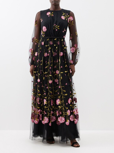 Тюлевое платье с цветочной вышивкой Giambattista Valli, черный