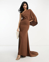 Шоколадно-коричневое платье макси премиум-класса с драпировкой и шлейфом на одно плечо ASOS DESIGN