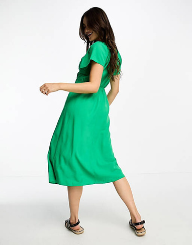 Зеленое льняное платье миди с развевающимися рукавами Vero Moda