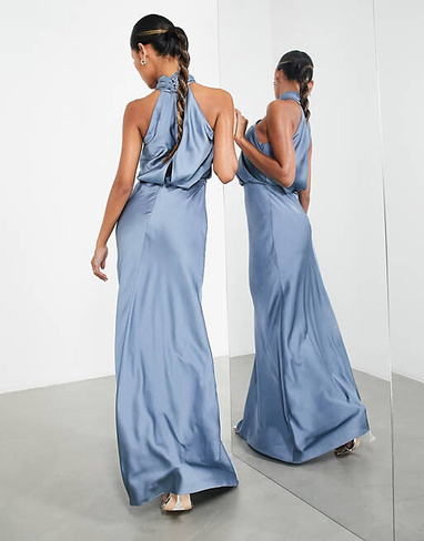 Темно-синее атласное платье макси со сборками и воротником-бретелькой ASOS EDITION
