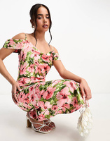 Атласное платье миди с открытыми плечами Hope & Ivy розового цвета с цветочным принтом
