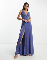 Атласное платье макси с запахом и завязками ASOS DESIGN Bridesmaids стального синего цвета