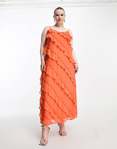 Оранжевое платье макси с оборками Vila Curve