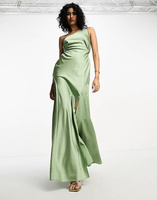 Атласное платье макси на одно плечо с деталью на талии ASOS DESIGN шалфейно-зеленого цвета