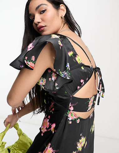 Черное чайное платье макси с завязкой спереди Reclaimed Vintage с цветочным принтом