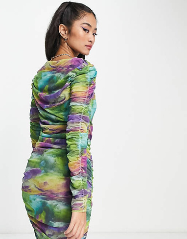 Сетчатое мини-платье смешанного космического цвета со сборками Pieces