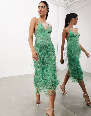 Зеленое платье миди с цветочным принтом и бахромой из бисера ASOS EDITION