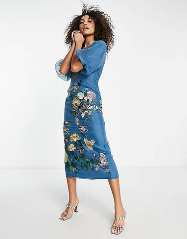 Стальное синее платье миди из органзы с цветочной вышивкой ASOS EDITION