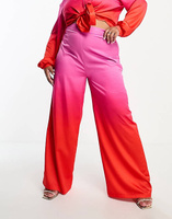 Широкие атласные брюки со складками Flounce London Plus с розовым и красным эффектом омбре