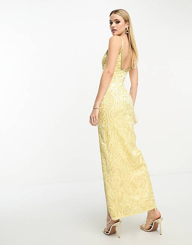 Лимонное платье миди на бретельках с пайетками и швами ASOS DESIGN Tall