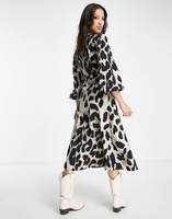 Леопардовое платье миди с запахом и длинными рукавами Object