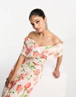 Выпускное платье миди со складками True Violet с персиковым цветочным принтом