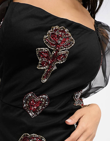 Эксклюзивное облегающее мини-платье с прозрачными рукавами и пышными рукавами и смешанной аппликацией Lace & Beads