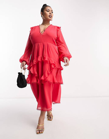 Красное платье миди с длинными рукавами и круглой окантовкой ASOS DESIGN Curve