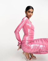 Розовое платье миди с воротником-хомутом и оборками на спине ASOS DESIGN