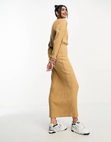 Светло-коричневое платье миди в рубчик с длинными рукавами и запахом спереди ASOS DESIGN