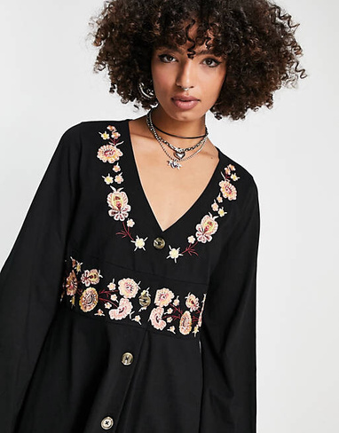 Черное мини-платье на пуговицах с длинными рукавами и цветочной вышивкой ASOS DESIGN