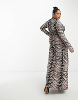 Платье миди с высоким воротником и контрастной строчкой ASOS DESIGN Curve с животным принтом