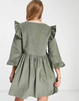 Вельветовое свободное платье мини с оборками на плечах цвета хаки ASOS DESIGN